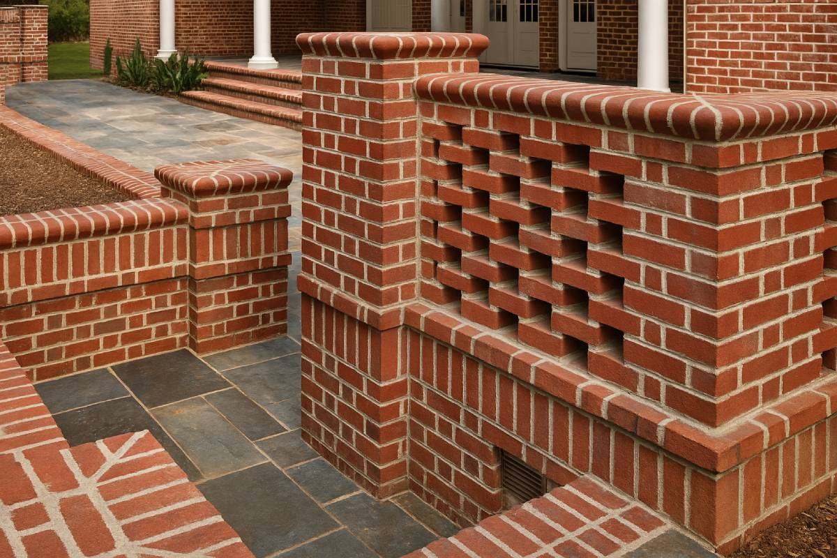 Red brick walls and steps with a decorative open-brick pattern