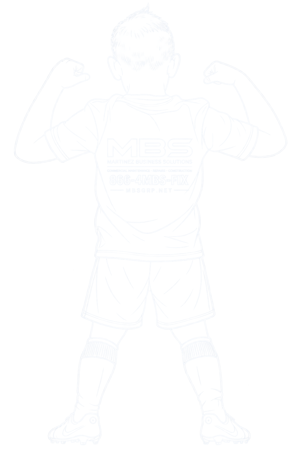 Line drawing of a child flexing both arms, seen from behind, in an MBS shirt